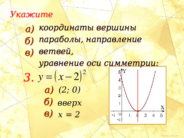 Укажите координаты вершины параболы, направление ветвей, уравнение оси симметрии: а) а) б) б) в) в) 3. а) а) (2; 0) б) б) вверх в) в) x = 2 