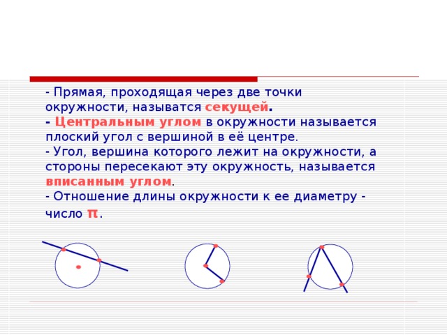 - Прямая, проходящая через две точки окружности, называтся  секущей . - Центральным углом  в окружности называется плоский угол с вершиной в её центре. - Угол, вершина которого лежит на окружности, а стороны пересекают эту окружность, называется  вписанным углом . - Отношение длины окружности к ее диаметру - число  π . 