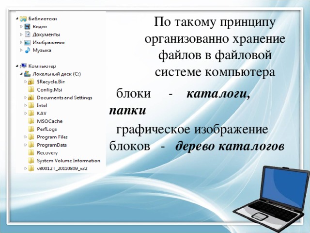 По такому принципу организованно хранение файлов в файловой системе компьютера  блоки - каталоги, папки  графическое изображение блоков - дерево каталогов 