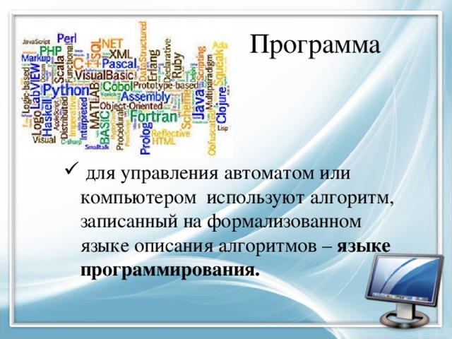 Программа  для управления автоматом или компьютером используют алгоритм, записанный на формализованном языке описания алгоритмов – языке программирования.  