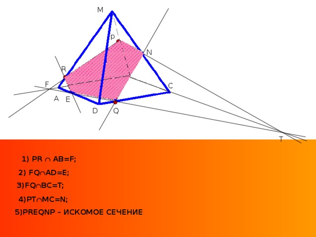 M p N R B F C A Е Q D T 1 ) PR  AB=F;   2) FQ  AD=E; 3)FQ  BC=T; 4)PT  MC=N; 5)PREQNP – ИСКОМОЕ СЕЧЕНИЕ 