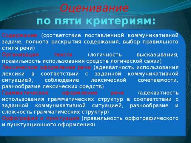Оценивание  по пяти критериям: Содержание (соответствие поставленной коммуникативной задаче, полнота раскрытия содержания, выбор правильного стиля речи) Организация текста (логичность высказывания, правильность использования средств логической связи) Лексическое оформление речи (адекватность использования лексики в соответствии с заданной коммуникативной ситуацией, соблюдение лексической сочетаемости, разнообразие лексических средств) Грамматическое оформление речи (адекватность использования грамматических структур в соответствии с заданной коммуникативной ситуацией, разнообразие и сложность грамматических структур) Орфография и пунктуация (правильность орфографического и пунктуационного оформления) 