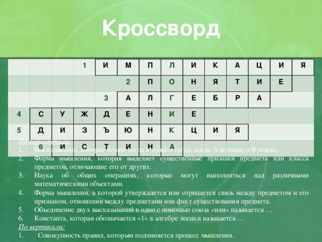Кроссворд 4 1 С 5 И Д У М Ж 6 2 3 И П З А Д Л И П О С Е Л И Ъ К Ю Н Н Г Т И Я И Н Е А Н К Ц Е Т Б И А Ц Р И И А Е Я Я По горизонтали: Высказывание, которое ложно тогда и только тогда, когда А истинно и В ложно. Форма мышления, которая выделяет существенные признаки предмета или класса предметов, отличающие его от других. Наука об общих операциях, которые могут выполняться над различными математическими объектами. Форма мышления, в которой утверждается или отрицается связь между предметом и его признаком, отношения между предметами или факт существования предмета. Объединение двух высказываний в одно с помощью союза «или» называется … Константа, которая обозначается «1» в алгебре логики называется … По вертикали: 1. Совокупность правил, которым подчиняется процесс мышления. 