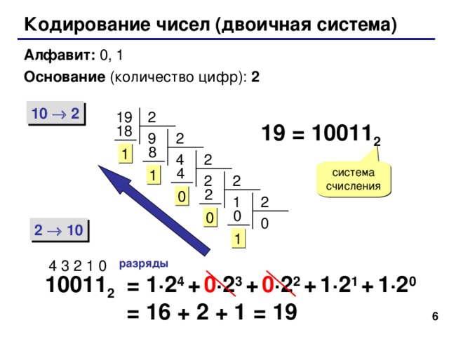Кодирование чисел (двоичная система) Алфавит: 0, 1  Основание (количество цифр): 2 10  2 19 2 19 = 10011 2 18 2 9  8 1 4 2  4 1 2 2  2 0 1 2  0 0 0 2  10 1 4 3 2 1 0 разряды = 1 · 2 4 +  0 · 2 3  +  0 · 2 2  +  1 · 2 1  +  1 · 2 0 = 16 + 2 + 1 = 19 10011 2   