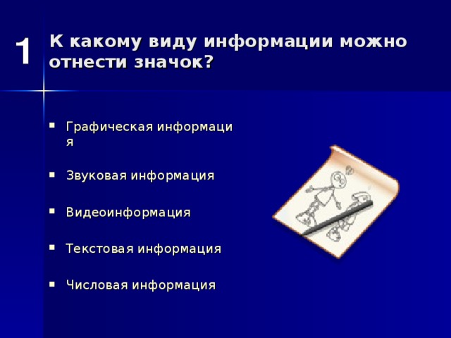 К какому виду информации можно отнести значок? Графическая информация  Звуковая информация  Видеоинформация  Текстовая информация  Числовая информация 