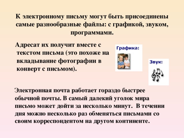 К электронному письму могут быть присоединены самые разнообразные файлы: с графикой, звуком, программами.  Адресат их получит вместе с текстом письма (это похоже на вкладывание фотографии в конверт с письмом).  Электронная почта работает гораздо быстрее обычной почты. В самый далекий уголок мира письмо может дойти за несколько минут. В течении дня можно несколько раз обменяться письмами со своим корреспондентом на другом континенте. 