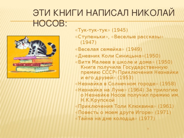 Эти книги написал Николай Носов: «Тук-тук-тук» (1945) «Ступеньки», «Веселые рассказы» (1947) «Веселая семейка» (1949) «Дневник Коли Синицына»(1950) «Витя Малеев в школе и дома» (1950) Книга получила Государственную премию СССР«Приключения Незнайки и его друзей» (1953) «Незнайка в Солнечном городе» (1958) «Незнайка на Луне» (1964) За трилогию о Незнайке Носов получил премию им. Н.К.Крупской «Приключения Толи Клюквина» (1961) «Повесть о моем друге Игоре» (1971) «Тайна на дне колодца» (1977)  