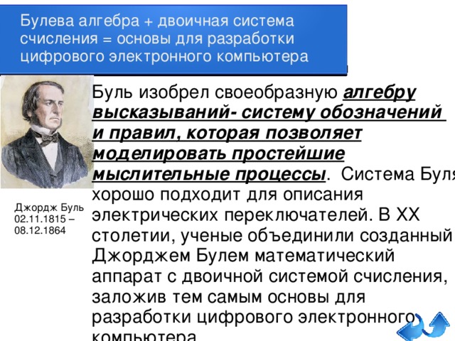 Булева алгебра + двоичная система счисления = основы для разработки цифрового электронного компьютера Буль изобрел своеобразную алгебру высказываний- систему обозначений и правил, которая позволяет моделировать простейшие мыслительные процессы . Система Буля хорошо подходит для описания электрических переключателей. В ХХ столетии, ученые объединили созданный Джорджем Булем математический аппарат с двоичной системой счисления, заложив тем самым основы для разработки цифрового электронного компьютера. Джордж Буль  02.11.1815 – 08.12.1864   