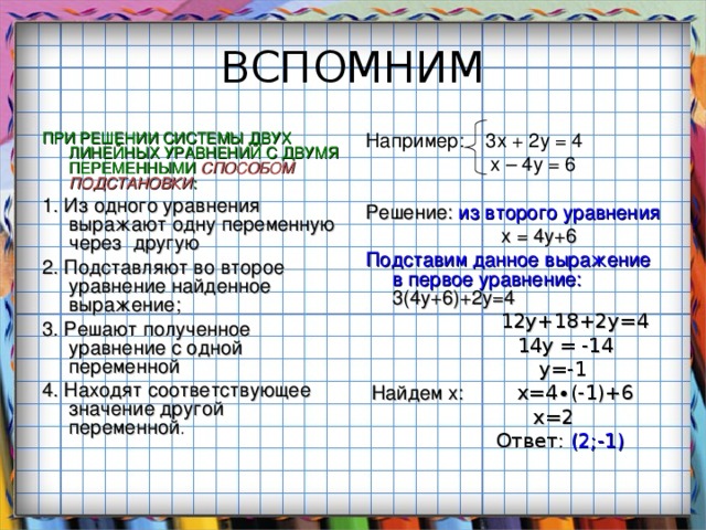 ПРИ РЕШЕНИИ СИСТЕМЫ ДВУХ ЛИНЕЙНЫХ УРАВНЕНИЙ С ДВУМЯ ПЕРЕМЕННЫМИ СПОСОБОМ ПОДСТАНОВКИ : Например: 3х + 2у = 4  х – 4у = 6 1. Из одного уравнения выражают одну переменную через другую 2. Подставляют во второе уравнение найденное выражение; 3. Решают полученное уравнение с одной переменной 4. Находят соответствующее значение другой переменной . Решение: из второго уравнения  x  = 4 y+6 Подставим данное выражение в первое уравнение: 3( 4 y+6) + 2y=4  12y+18+2y=4  14y  =  -14  y=-1  Найдем х: x=4∙(-1)+6  x=2  Ответ:  (2;-1) 