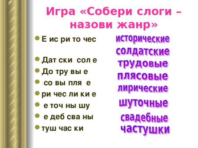 Игра «Собери слоги – назови жанр» Е ис ри то чес Дат ски сол е До тру вы е  со вы пля е ри чес ли ки е  е точ ны шу  е деб сва ны туш час ки  