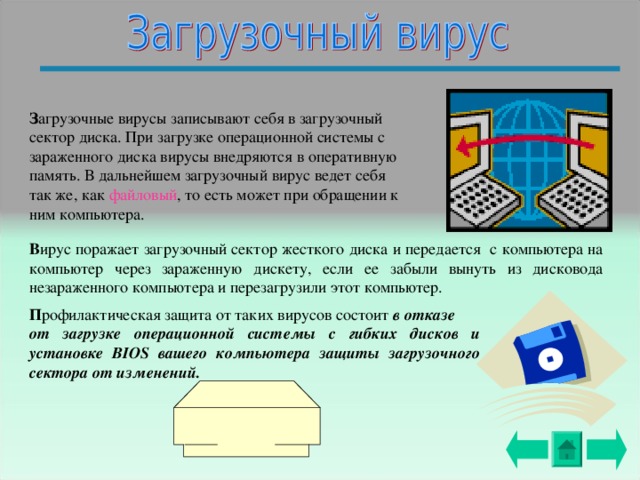 З агрузочные вирусы записывают себя в загрузочный сектор диска. При загрузке операционной системы с зараженного диска вирусы внедряются в оперативную память. В дальнейшем загрузочный вирус ведет себя так же, как файловый , то есть может при обращении к ним компьютера. В ирус поражает загрузочный сектор жесткого диска и передается с компьютера на компьютер через зараженную дискету, если ее забыли вынуть из дисковода незараженного компьютера и перезагрузили этот компьютер. П рофилактическая защита от таких вирусов состоит в отказе от загрузке операционной системы с гибких дисков и установке BIOS вашего компьютера защиты загрузочного сектора от изменений. 