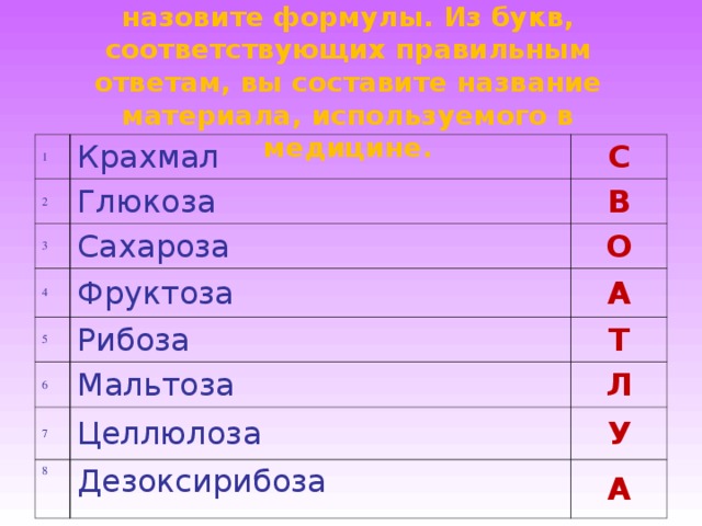 Выберите названия моносахаридов, назовите формулы. Из букв, соответствующих правильным ответам, вы составите название материала, используемого в медицине. 1 Крахмал 2 С Глюкоза 3 Сахароза 4 В 5 Фруктоза О Рибоза А 6 Т Мальтоза 7 Целлюлоза Л 8 У Дезоксирибоза А 