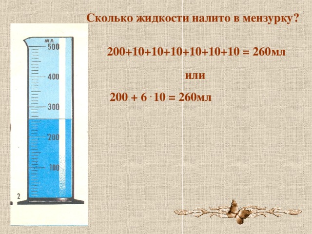 Сколько жидкости налито в мензурку? 200+10+10+10+10+10+10 = 260мл или 200 + 6 . 10 = 260мл 