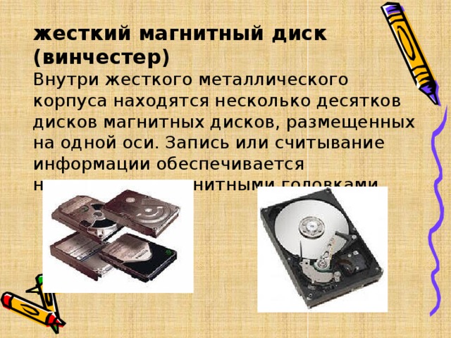 жесткий магнитный диск (винчестер) Внутри жесткого металлического корпуса находятся несколько десятков дисков магнитных дисков, размещенных на одной оси. Запись или считывание информации обеспечивается несколькими магнитными головками 