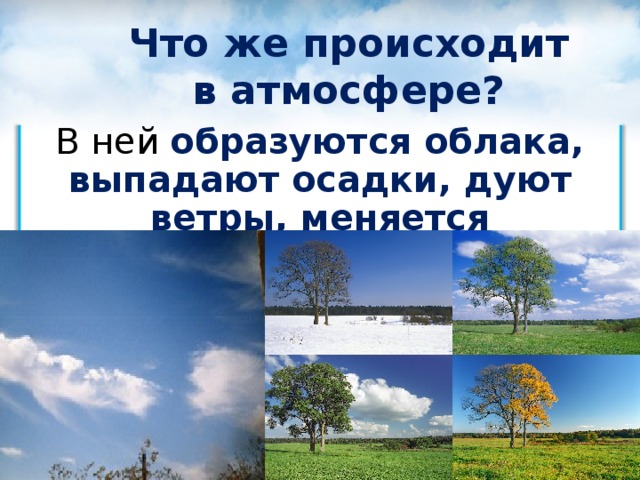 Что же происходит в атмосфере? В ней образуются облака, выпадают осадки, дуют ветры, меняется температура.   