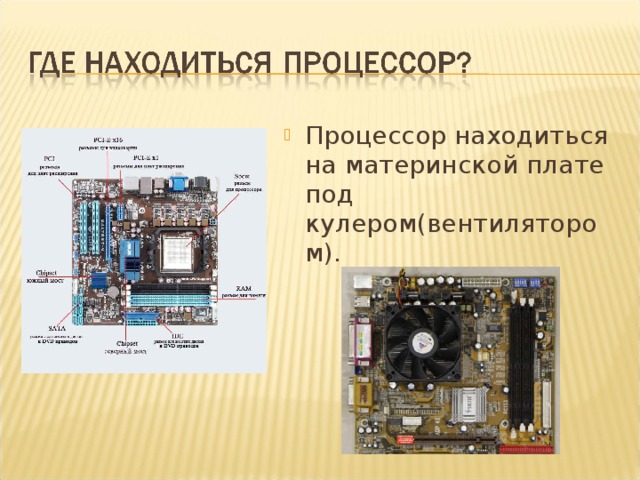 Процессор находиться на материнской плате под кулером(вентилятором). 