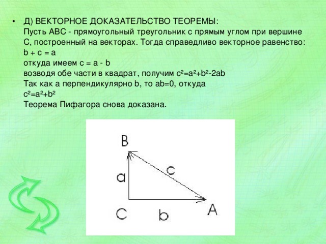 Д) ВЕКТОРНОЕ ДОКАЗАТЕЛЬСТВО ТЕОРЕМЫ:  Пусть АВС - прямоугольный треугольник с прямым углом при вершине С, построенный на векторах. Тогда справедливо векторное равенство: b + c = a  откуда имеем c = a - b  возводя обе части в квадрат, получим c²=a²+b²-2ab  Так как a перпендикулярно b, то ab=0, откуда  c²=a²+b²  Теорема Пифагора снова доказана.   