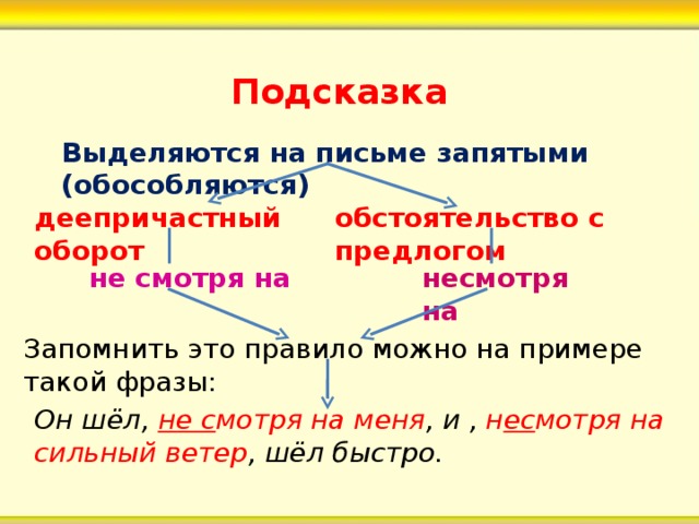 Подсказка Выделяются на письме запятыми (обособляются) деепричастный оборот обстоятельство с предлогом не смотря на несмотря на Запомнить это правило можно на примере такой фразы: Он шёл, не с мотря на меня , и , н ес мотря на сильный ветер , шёл быстро. 