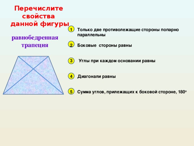 Перечислите свойства  данной фигуры Только две противолежащие стороны попарно параллельны  Боковые стороны равны    Углы при каждом основании равны   Диагонали равны   Сумма углов, прилежащих к боковой стороне, 180 о    равнобедренная трапеция 