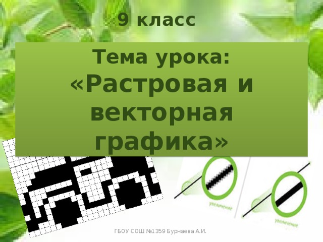 9 класс Тема урока:  «Растровая и векторная графика» ГБОУ СОШ №1359 Бурнаева А.И. 