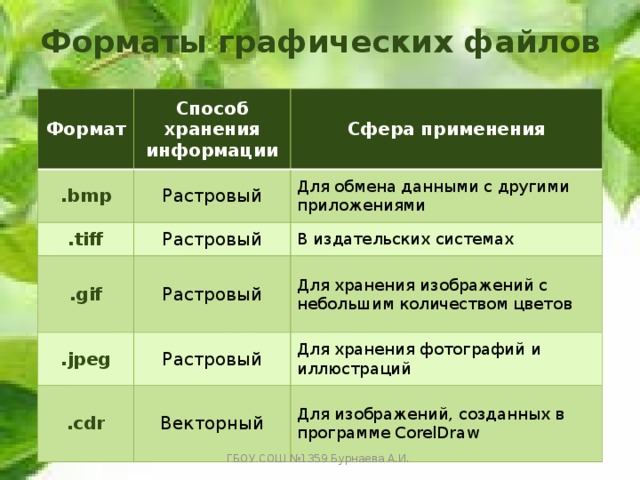 Форматы графических файлов Формат Способ хранения информации .bmp .tiff Сфера применения Растровый .gif Растровый Для обмена данными с другими приложениями В издательских системах Растровый .jpeg Для хранения изображений с небольшим количеством цветов Растровый .cdr Для хранения фотографий и иллюстраций Векторный Для изображений, созданных в программе CorelDraw ГБОУ СОШ №1359 Бурнаева А.И. 