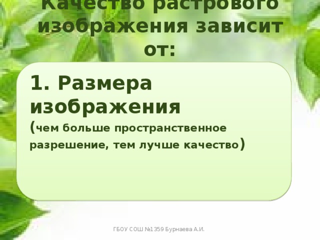 Качество растрового изображения зависит от: 1 . Размера изображения ( чем больше пространственное разрешение, тем лучше качество )   ГБОУ СОШ №1359 Бурнаева А.И. 