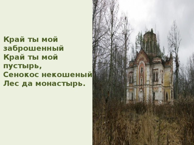  Край ты мой заброшенный  Край ты мой пустырь,  Сенокос некошеный  Лес да монастырь. 