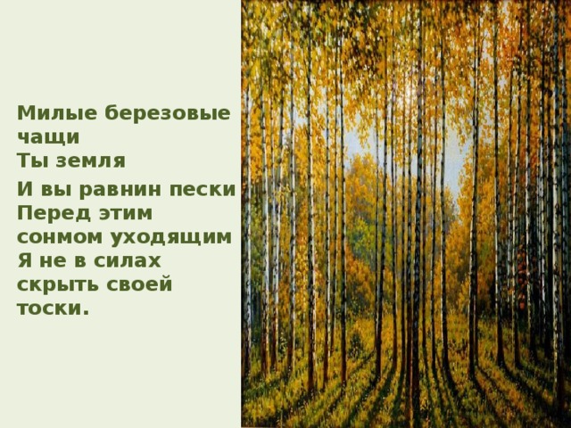 Милые березовые чащи  Ты земля  И вы  равнин пески  Перед этим сонмом уходящим  Я не в силах скрыть своей тоски.   