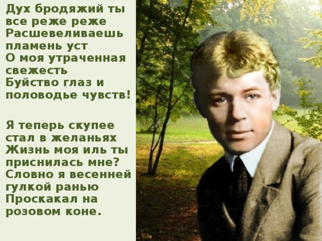  Дух бродяжий ты все реже реже  Расшевеливаешь пламень уст  О  моя утраченная свежесть  Буйство глаз и половодье чувств!   Я теперь скупее стал в желаньях  Жизнь моя иль ты приснилась мне?  Словно я весенней гулкой ранью  Проскакал на розовом коне.   