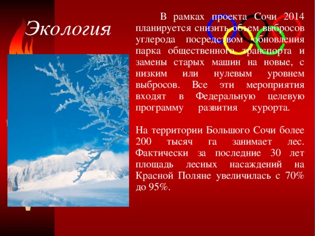  В рамках проекта Сочи 2014 планируется снизить объем выбросов углерода посредством обновления парка общественного транспорта и замены старых машин на новые, с низким или нулевым уровнем выбросов. Все эти мероприятия входят в Федеральную целевую программу развития курорта.   На территории Большого Сочи более 200 тысяч га занимает лес. Фактически за последние 30 лет площадь лесных насаждений на Красной Поляне увеличилась с 70% до 95%. Экология  