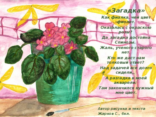 «Загадка» Как фиалка, чей цвет -фиолет. Оказалась с окраскою розы? Да , загадка достойна Спинозы. Жаль, ученого старого нет. Кто же даст нам толковый ответ? Над задачей все долго сидели,, А разгадка в моей акварели: Там закончился нужный мне цвет.   Автор рисунка и текста Жарков С., 6кл.  