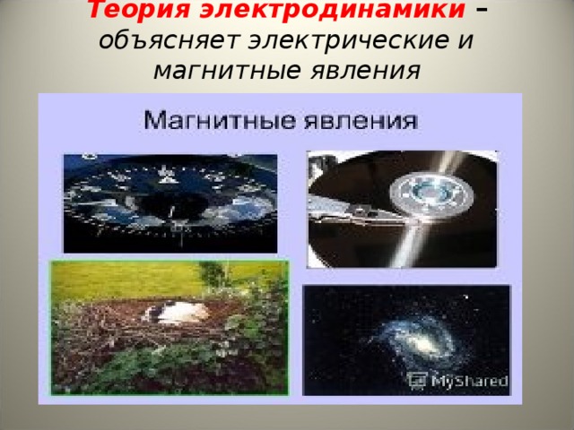 Теория электродинамики  – объясняет электрические и магнитные явления      
