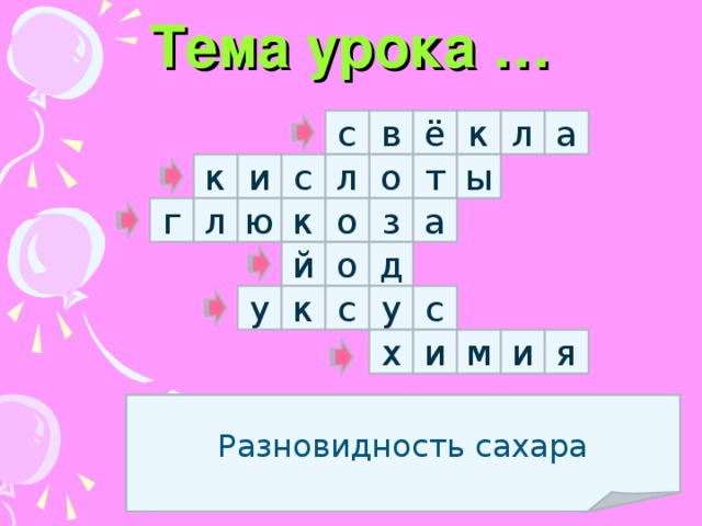 Тема урока … а с в ё к л о к и с т ы л г л ю к о з а о й д у с у с к х и м и я Кислота, используемая для приготовления консервов… С его помощью можно обнаружить крахмал Лимонная, муравьиная,  щавелевая, молочная… Овощ, из которого получают сахар… Разновидность сахара Наука о веществах 