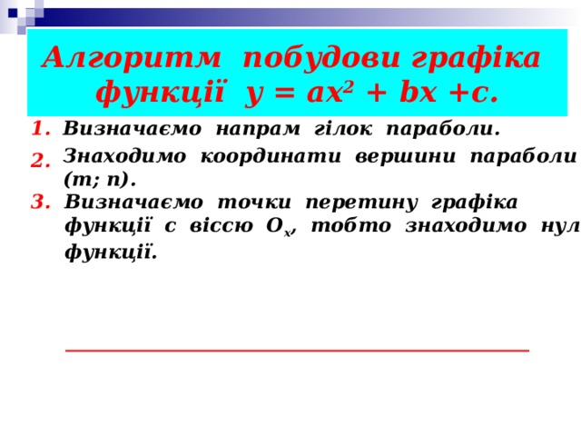 Алгоритм побудови графіка функції у = ах 2 + b х +с. 1. Визначаємо напрам гілок параболи. Знаходимо координати вершини параболи (т; п).  2. 3. Визначаємо точки перетину графіка функції с віссю О х , тобто знаходимо нулі функції. 