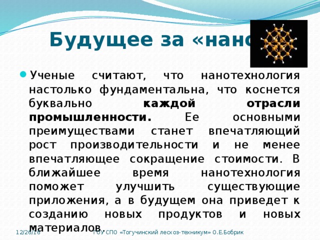 Будущее за «нано» Ученые считают, что нанотехнология настолько фундаментальна, что коснется буквально каждой отрасли промышленности. Ее основными преимуществами станет впечатляющий рост производительности и не менее впечатляющее сокращение стоимости. В ближайшее время нанотехнология поможет улучшить существующие приложения, а в будущем она приведет к созданию новых продуктов и новых материалов. 12/26/16 ГОУ СПО «Тогучинский лесхоз-техникум» О.Е.Бобрик 
