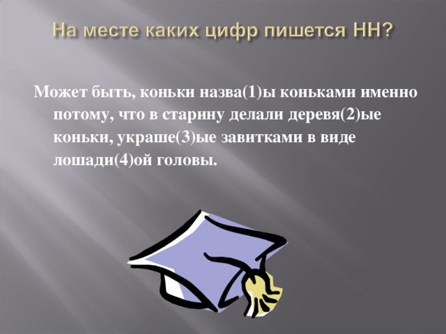 Может быть, коньки назва(1)ы коньками именно потому, что в старину делали деревя(2)ые коньки, украше(3)ые завитками в виде лошади(4)ой головы.  