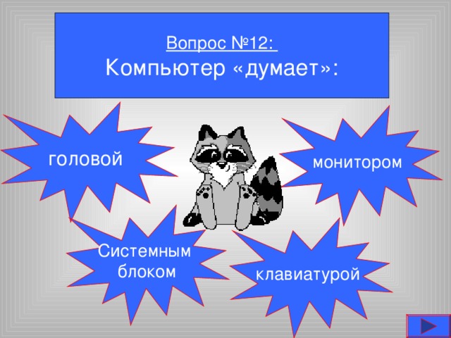 Вопрос №12: Компьютер «думает»: головой монитором Системным  блоком клавиатурой 