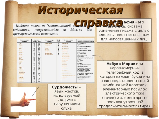 Историческая справка Криптография - это тайнопись, система изменения письма с целью сделать текст непонятным для непосвященных лиц Азбука Морзе или неравномерный телеграфный код, в котором каждая буква или знак представлены своей комбинацией коротких элементарных посылок электрического тока (точек) и элементарных посылок утроенной продолжительности (тире) Сурдожесты – язык жестов, используемый людьми с нарушениями слуха 