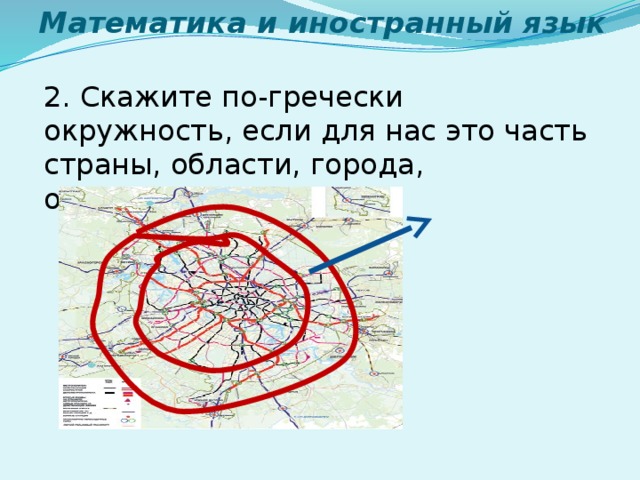 Математика и иностранный язык 2. Скажите по-гречески окружность, если для нас это часть страны, области, города, отдаленная от центра 