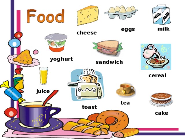 milk eggs cheese yoghurt sandwich  cereal juice tea toast cake 