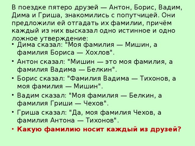 В поездке пятеро друзей — Антон, Борис, Вадим, Дима и Гриша, знакомились с попутчицей. Они предложили ей отгадать их фамилии, причём каждый из них высказал одно истинное и одно ложное утверждение: Дима сказал: 
