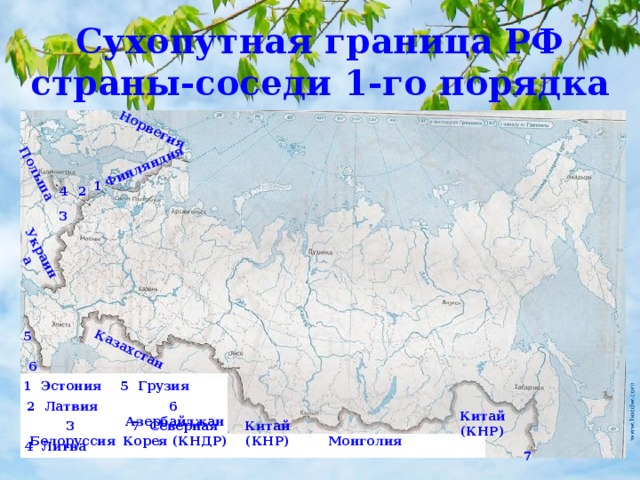Сухопутная граница РФ  страны-соседи 1-го порядка Норвегия Финляндия Украина Польша Казахстан 1 4 2 3 5 6 5 Грузия 1 Эстония 2 Латвия 6 Азербайджан Китай (КНР) 3 Белоруссия Китай (КНР) 7 Северная Корея (КНДР) Монголия 4 Литва 7 