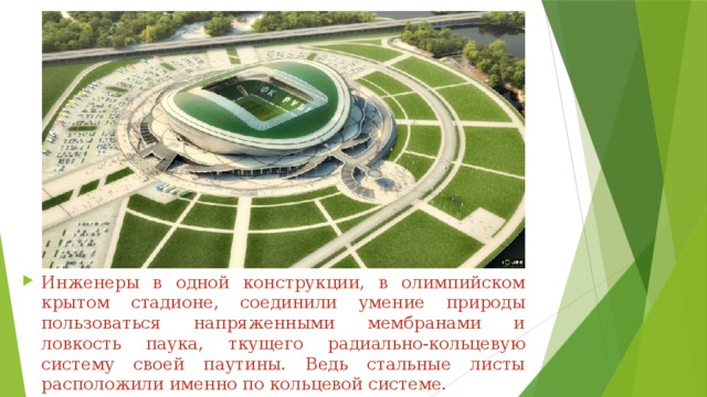 Инженеры в одной конструкции, в олимпийском крытом стадионе, соединили умение природы пользоваться напряженными мембранами и ловкость паука, ткущего радиально-кольцевую систему своей паутины. Ведь стальные листы расположили именно по кольцевой системе. 