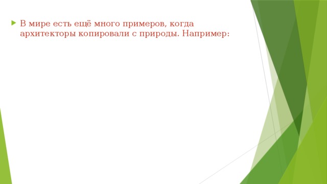 В мире есть ещё много примеров, когда архитекторы копировали с природы. Например: 
