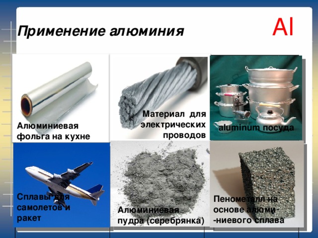 А l Применение алюминия Какой объем водорода (н.у.) выделится при взаимодействии 2,7г алюминия с раствором гидроксида натрия? Какую массу алюминия можно получить из 1 т боксита, содержащего 30 % оксида алюминия?   Как осуществить превращения ? Al→ Al 2  O 3 → AlCl 3  Al(OH) 3 Составьте окислительно-восстановительную реакцию взаимодействия хлора с алюминием. Почему в алюминиевой посуде нельзя хранит щелочные или кислые растворы?    Сколько атомов алюминия содержится в 1 г алюминия? Материал для электрических проводов Алюминиевая фольга на кухне aluminum посуда Сплавы для самолетов и ракет Пенометалл на основе алюми -ниевого сплава Алюминиевая пудра (серебрянка)  