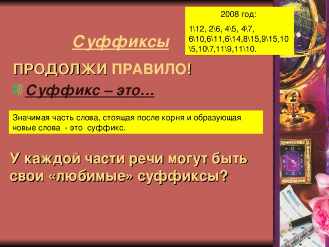 2008 год: 1\12, 2\6, 4\5, 4\7, 6\10,6\11,6\14,8\15,9\15,10\5,10\7,11\9,11\10.  Суффиксы    ПРОДОЛЖИ ПРАВИЛО ! Суффикс – это… Значимая часть слова, стоящая после корня и образующая новые слова - это суффикс. У каждой части речи могут быть свои «любимые» суффиксы? 