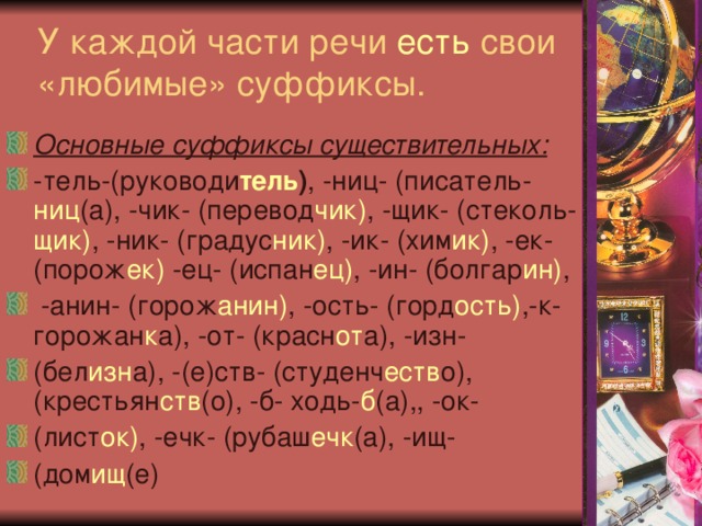 У каждой части речи есть свои «любимые» суффиксы. Основные суффиксы существительных: -тель-(руководи тель ) , -ниц- (писатель- ниц (а), -чик- (перевод чик) , -щик- (стеколь- щик) , -ник- (градус ник) , -ик- (хим ик) , -ек- (порож ек) -ец- (испан ец) , -ин- (болгар ин) ,  -анин- (горож анин) , -ость- (горд ость) ,-к- горожан к а), -от- (красн от а), -изн- (бел изн а), -(е)ств- (студенч еств о), (крестьян ств (о), -б- ходь- б (а),, -ок- (лист ок) , -ечк- (рубаш ечк (а), -ищ- (дом ищ (е) 