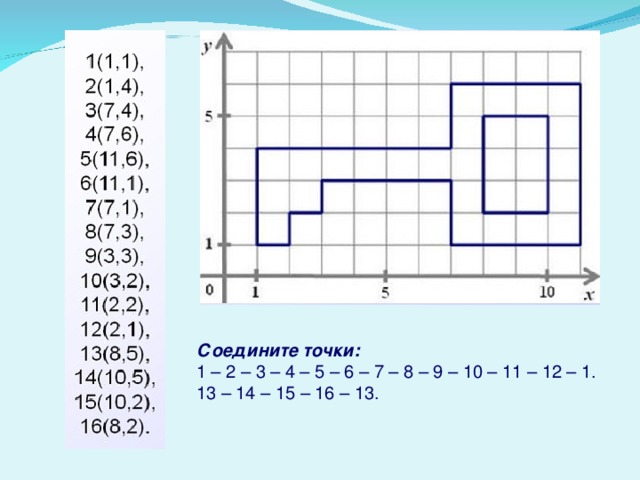 Соедините точки: 1 – 2 – 3 – 4 – 5 – 6 – 7 – 8 – 9 – 10 – 11 – 12 – 1. 13 – 14 – 15 – 16 – 13. 