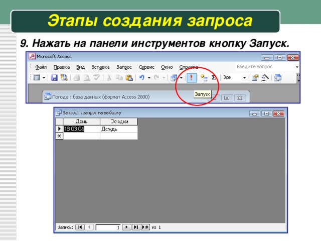 Этапы создания запроса 9. Нажать на панели инструментов кнопку Запуск. 