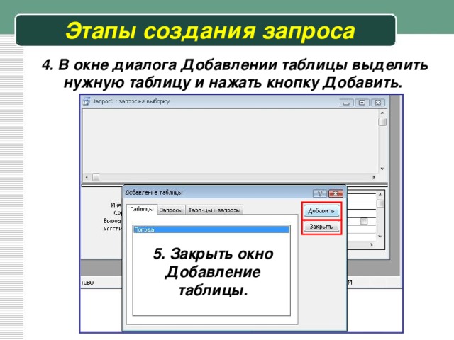 Этапы создания запроса 4. В окне диалога Добавлении таблицы выделить нужную таблицу и нажать кнопку Добавить. 5. Закрыть окно Добавление таблицы. 